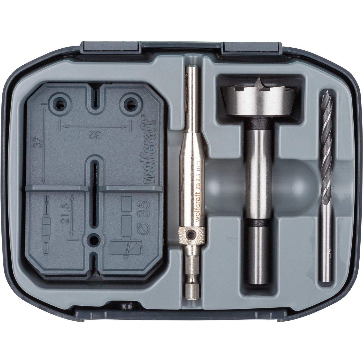 wolfcraft Scharnierloch-Set, 5-teilig, mit Bohrern und Schablonen im Koffer.