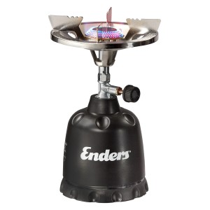 Enders® Kartuschen-Gaskocher Olymp für Camping: Kompakter Gaskocher mit Flamme und schwarzem Gehäuse.