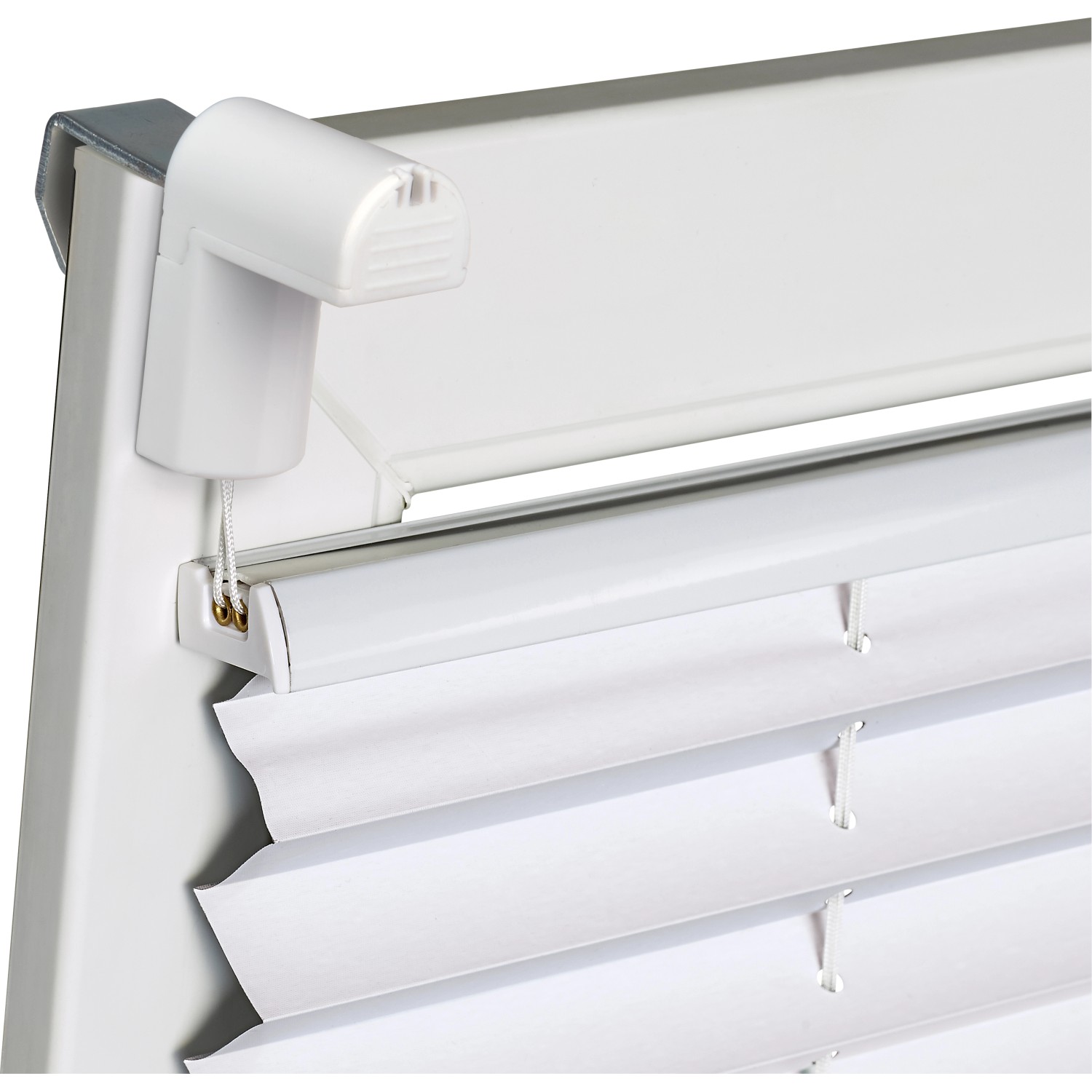 Detailaufnahme: Weißes Thermo-Spannplissee Toledo mit Easyfix-System und Zugschnur.