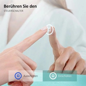 Hand bedient Touchschalter auf rundem, rahmenlosem LED Badezimmerspiegel. Dimmbare Lichtfarben einfach einstellen.