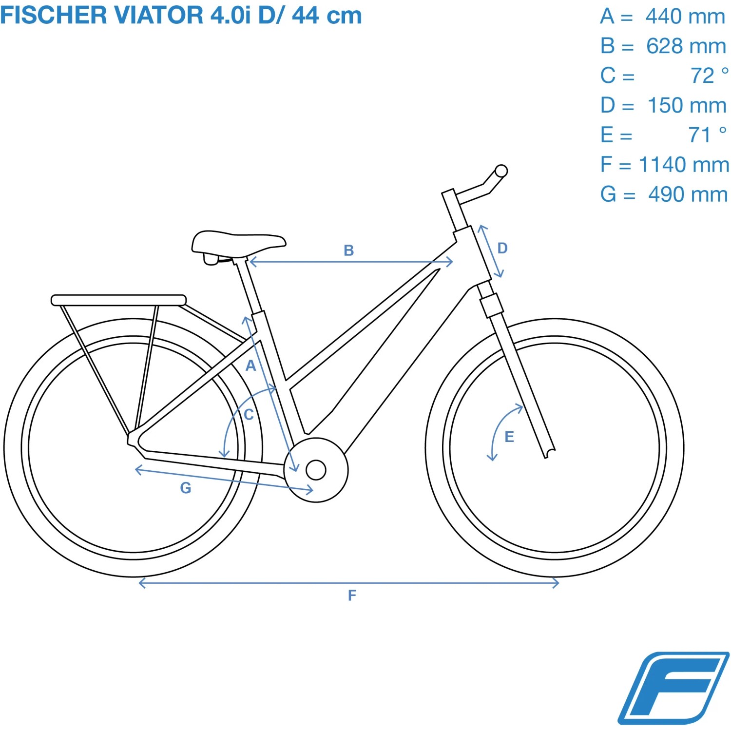 Skizze des Fischer E-Bike Trekking-Rad Viator 4.1i Damen mit Maßangaben.