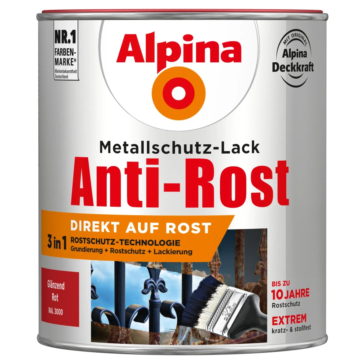 Dose Alpina Metallschutz-Lack Anti-Rost Rot glänzend, 750ml, mit Rostschutz-Technologie.