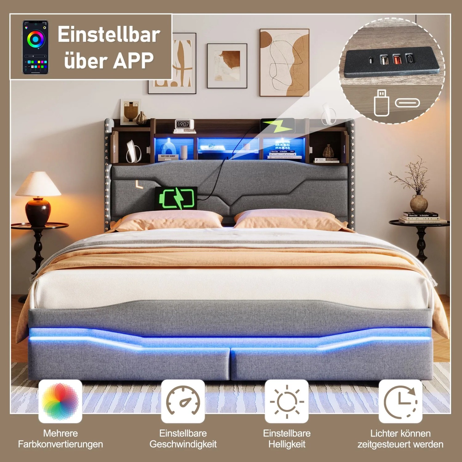 okwish Polsterbett 160x200cm mit LED USB C Hydraulik Staufach Schlafzimmer Grau ohne Matratze_7
