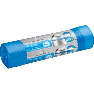 Rolle blaue Müllbeutel, 60 l, mit Zugband, 25 Stück für Haushaltsmüll.