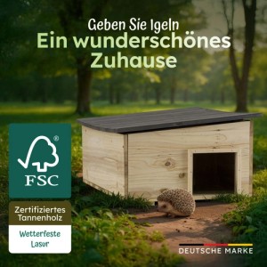 Winterfestes Igelhaus aus Holz mit Igel davor, geeignet zur Überwinterung und als Futterstelle.