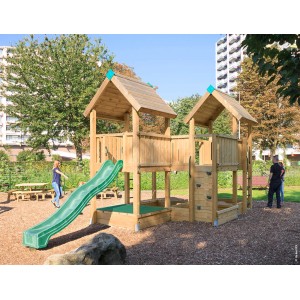 Hy-Land Spielgerät P6 mit Rutsche aus Douglasie, mit Kletterwand und Sandkästen.