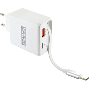 Weißer Schwaiger Ladeadapter mit USB-A, USB-C und ausziehbarem USB-C Kabel. Handy-Ladegerät.