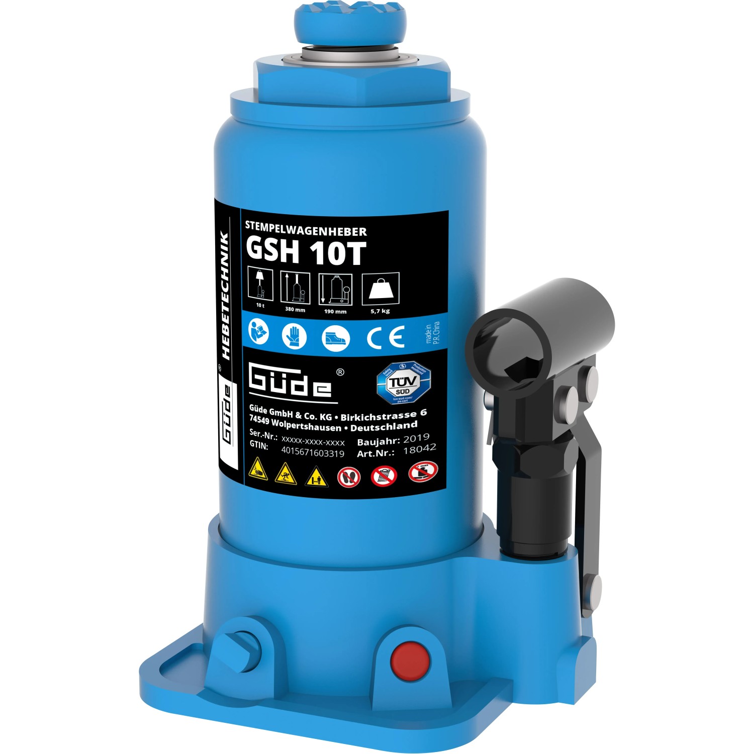 Blauer Güde Stempelwagenheber GSH 10T für Auto-Reparatur mit Hebel und großer Fußplatte.