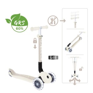 Globber Junior Tretroller Kokos Weiß, 3-rädrig, mit LED-Leuchtrollen. Zeigt Klappfunktion, Höhenverstellung und Lenkeinrastung.