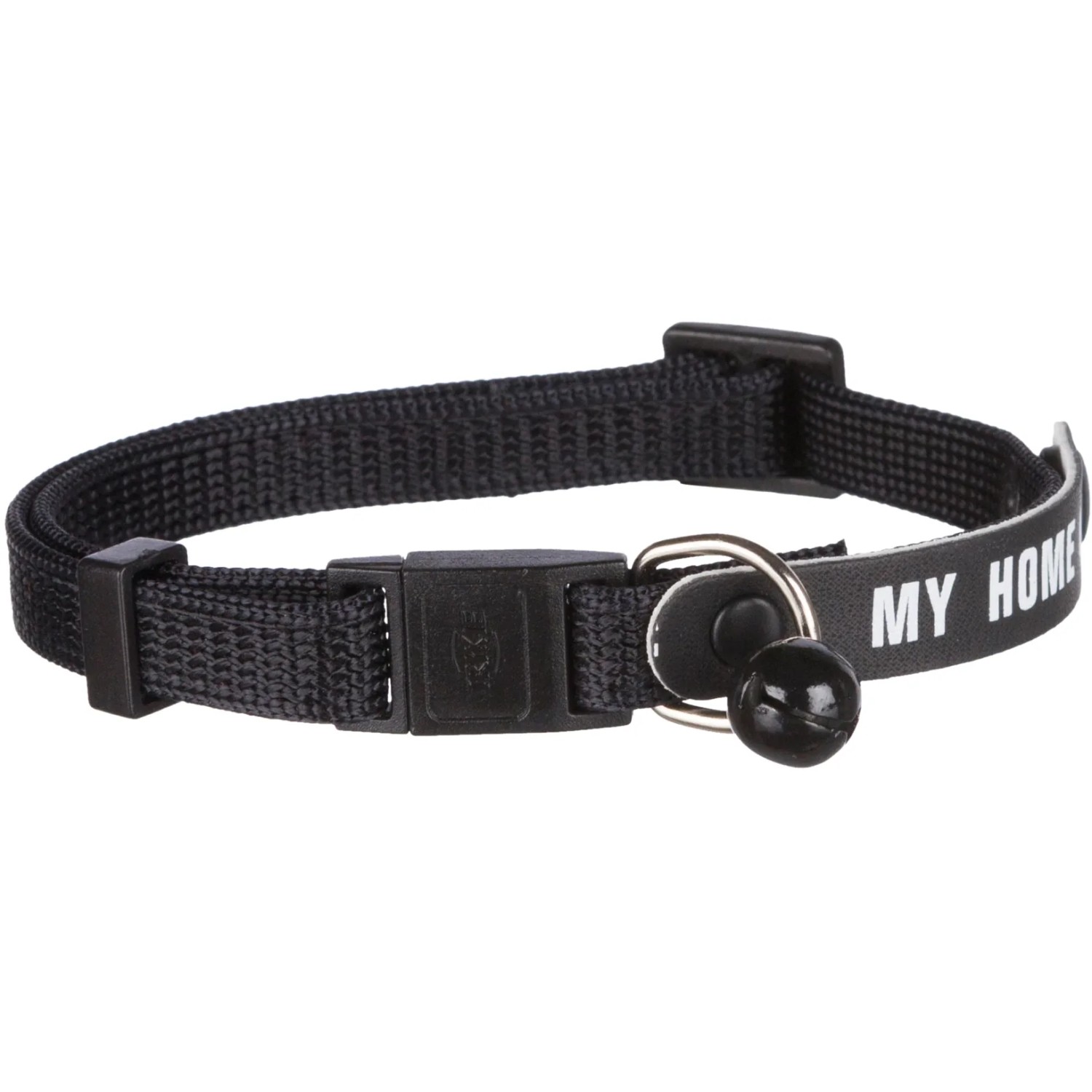 Schwarzes Trixie Katzenhalsband aus Nylon mit Adresslasche und Glöckchen.