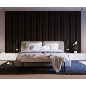 Schlafzimmer mit Akustikpaneel Eiche geräuchert als Wandverkleidung hinter dem Bett.