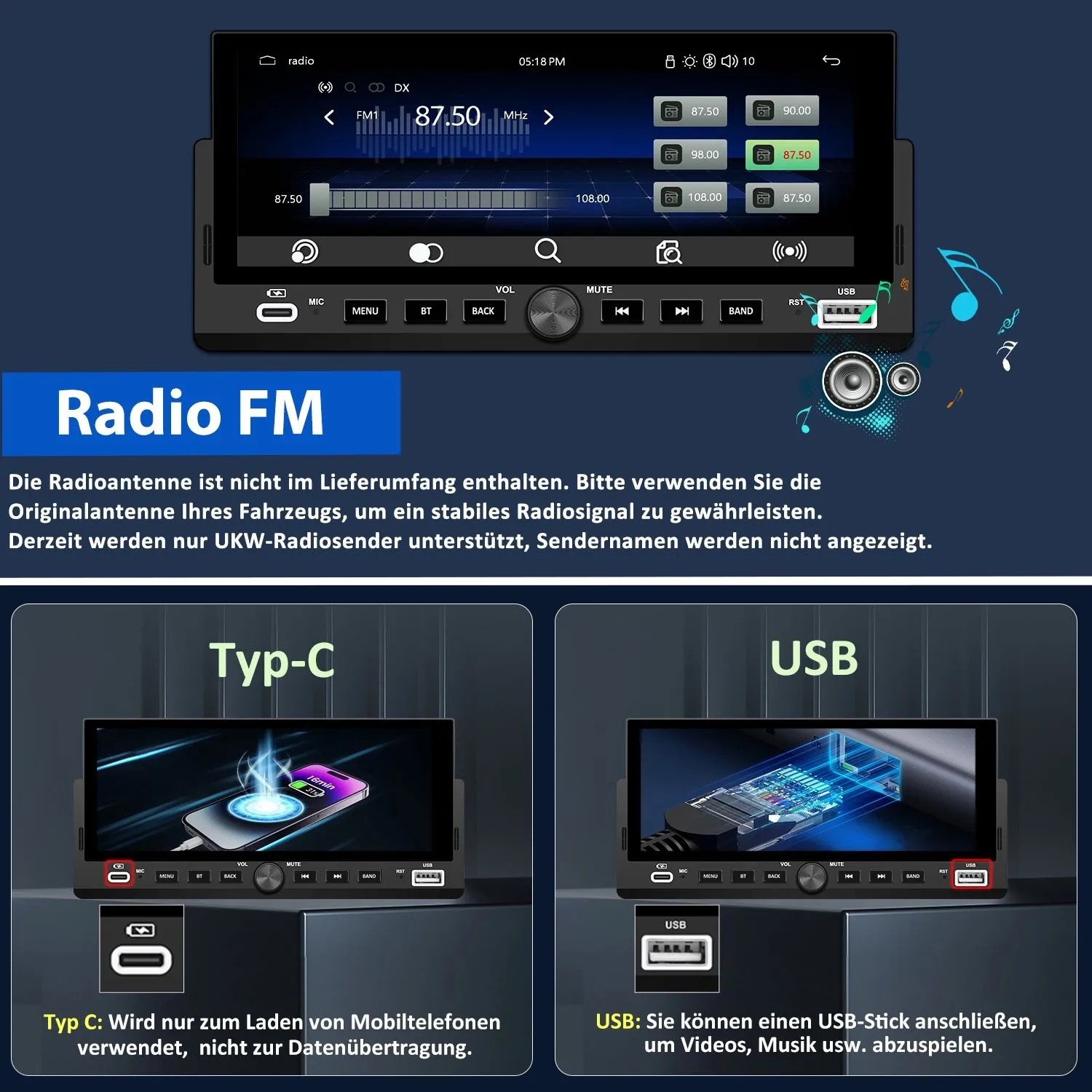 Junsun 1 DIN 7 Zoll Autoradio Carplay Display mit FM Radio, USB- und Type-C-Anschluss für Laden und Medienwiedergabe.