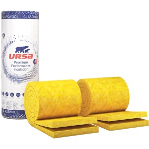 Ursa Glasswool Trennwandfilz Duett 75mm, gelbe Glaswolle Rollen und Verpackung.