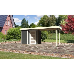 Terragraues Karibu Holz-Gartenhaus Linköbing mit Flachdach und Anbau. Ideal zur Geräteaufbewahrung.
