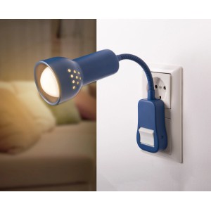 Blauer Näve Steckerspot mit flexiblem Arm und Clip in Steckdose. Steckdosenlampe für Schlafzimmer.