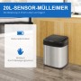 Silberner 20L Sensor-Mülleimer aus Edelstahl mit schwarzem Deckel, batteriebetrieben, auf Holzboden.