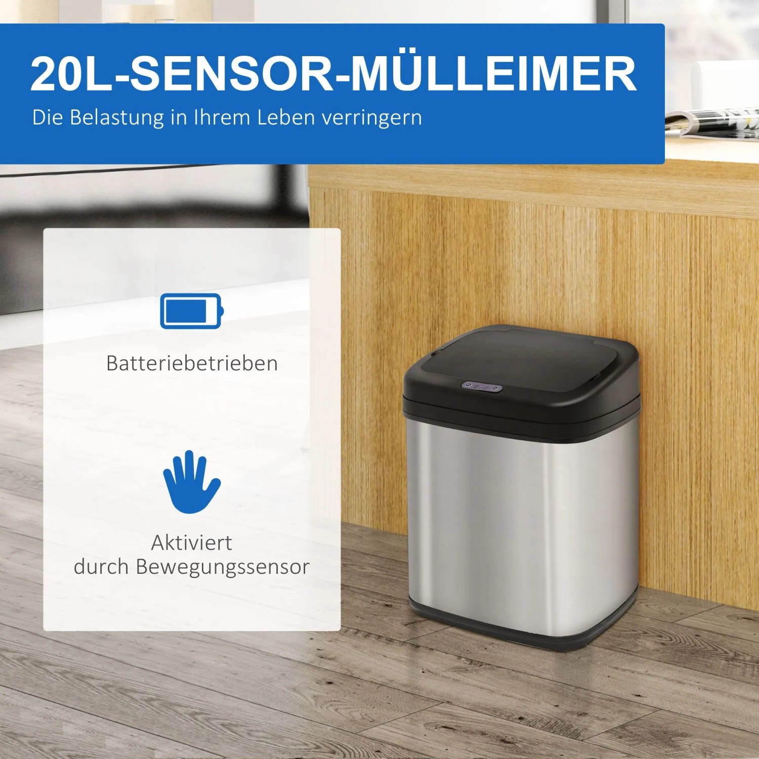 Silberner 20L Sensor-Mülleimer aus Edelstahl mit schwarzem Deckel, batteriebetrieben, auf Holzboden.