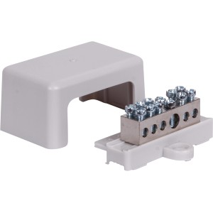 Potentialausgleichsschiene mit Abdeckung, 6 Anschlüsse, für Erdung im Bad und Arbeitsplatz.