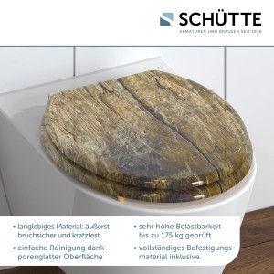 Schütte MDF WC-Sitz Solid Wood mit Holzoptik auf weißer Toilette.