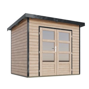 Karibu Gartenhaus Domingo 2 A, Natur/Anthrazit: Holzgartenhaus mit Doppeltür und Stahlecken.