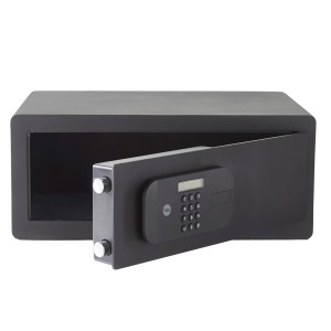 Offener, schwarzer Yale Tresor High Security Safe Laptop 26,9 l mit Zahlencode.