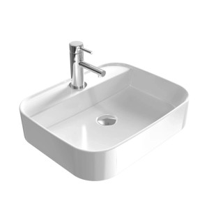 Weißes Emke Keramik Aufsatzwaschbecken, eckig mit abgerundeten Ecken und Chrom-Armatur. Modernes Design für Ihr Bad.
