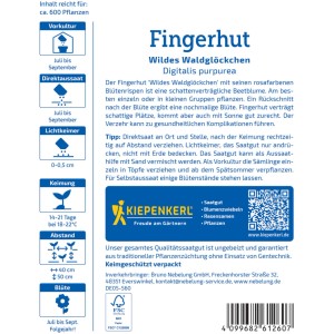 Kiepenkerl Fingerhut Wildes Waldglöckchen Saatgutpackung mit Infos zu Aussaat und Pflege.