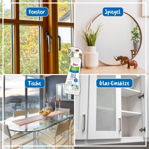 Poliboy BIO Glas & Flächen Reiniger 500ml im Einsatz auf Fenster, Spiegel, Tisch und Glas-Einsätzen.
