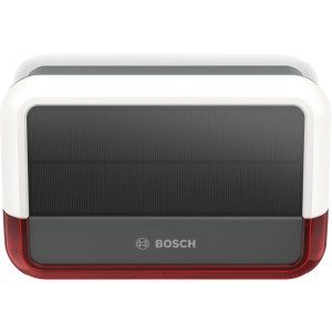 Bosch Smart Home Außensirene mit Solarpanel für Alarmanlagen, rot blinkend.