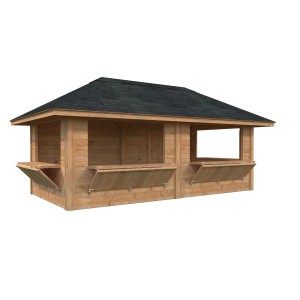 Palmako Marktstand Bianca Set 112, braun, mit Verkaufsklappen und Tür.