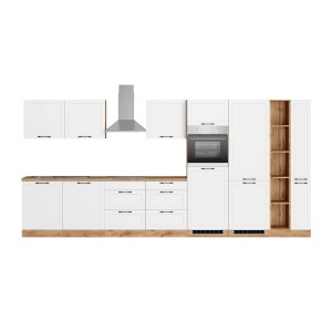 Küchenzeile Kempten 420 cm in Weiß/Wotan mit E-Geräten, inklusive Dunstabzugshaube und Geschirrspüler.