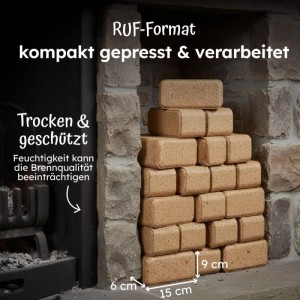 Gestapelte Moorland Holzbriketts (20 kg) im RUF-Format neben einem Kamin.