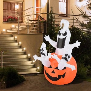 HOMCOM aufblasbarer Kürbis mit drei Geistern und LED-Licht, Halloween Deko vor Haus.