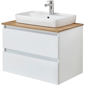 Pelipal Waschbeckenunterschrank Quickset 360, 113 cm, Weiß Glanz mit Aufsatzbecken und Waschtischplatte in Riviera Eiche.