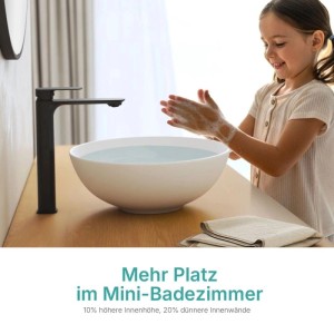 Emke Aufsatzwaschbecken Keramik matt weiß, schalenförmig, Ø 41,5cm, mit Kind beim Händewaschen. Tieferes Becken für mehr Platz.