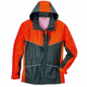 Scheibler PU-Regenjacke Müritz in Oliv-Orange, wasserdichte Arbeitskleidung mit Kapuze und Reflektoren.