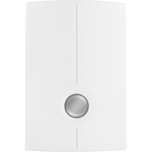 Weißer Doppelklang Gong 230V für Türsprechanlagen mit silberfarbenem Knopf.