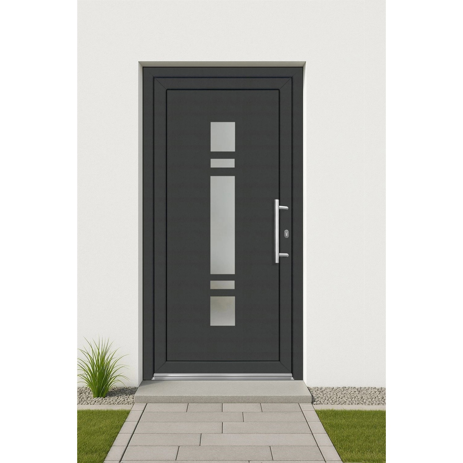 Moderne anthrazit-weiße Kunststoff-Haustür mit Milchglaseinsatz und Edelstahlgriff.