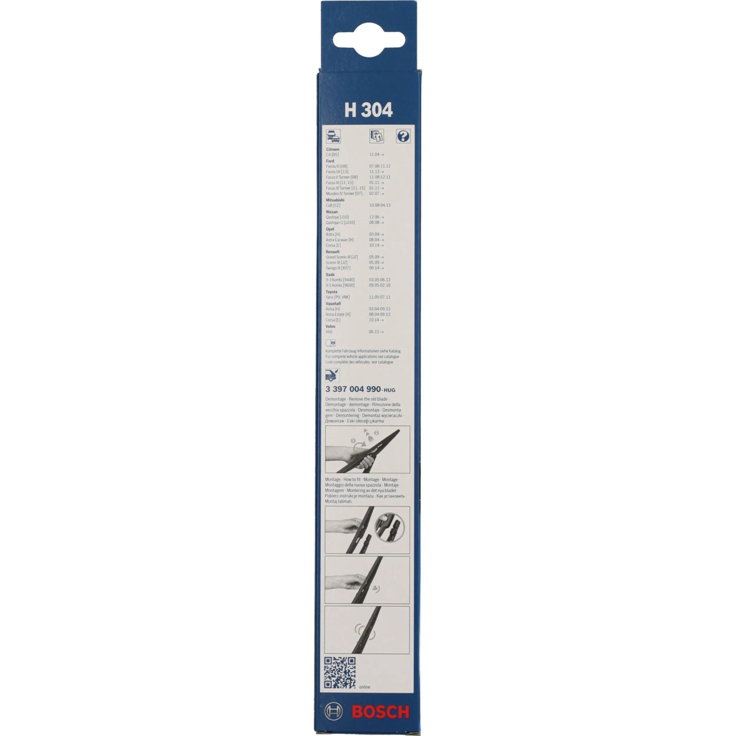 Bosch Heckscheibenwischer KSN H304 in blauer Verpackung mit Montageanleitung.