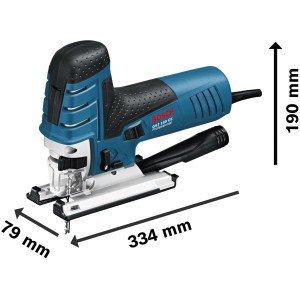 Bosch Professional Stichsäge GST 150 CE in Blau/Schwarz mit Maßangaben.