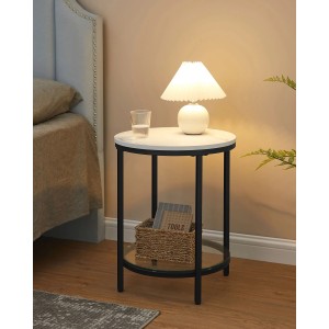 Songmics Nachttisch Baris, weiß-schwarz, mit 2 Ebenen: Tisch mit Marmoroptik, Glasablage und Lampe.