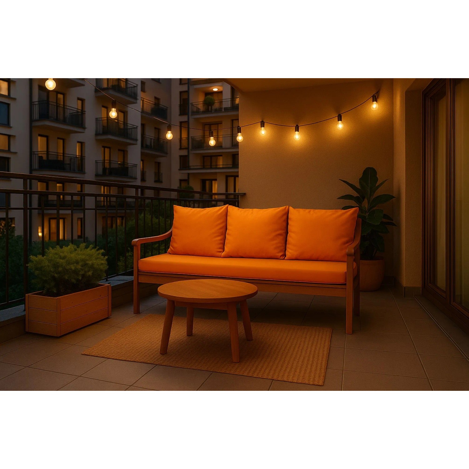 Orangefarbenes Bankkissen-Set für 3-Sitzer Gartenbank, bestehend aus Sitz- und Rückenkissen.