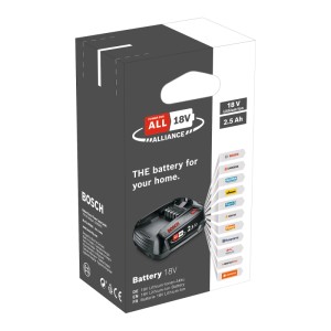 Bosch 18V 2,5 Ah Lithium-Ionen-Akku in Verpackung, Teil der POWER FOR ALL ALLIANCE für Elektrowerkzeuge.