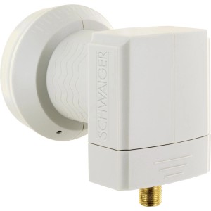 Schwaiger Single LNB, hellgrau, für SAT-Anlagen mit hitzebeständiger Kappe und vergoldeten Anschlüssen.