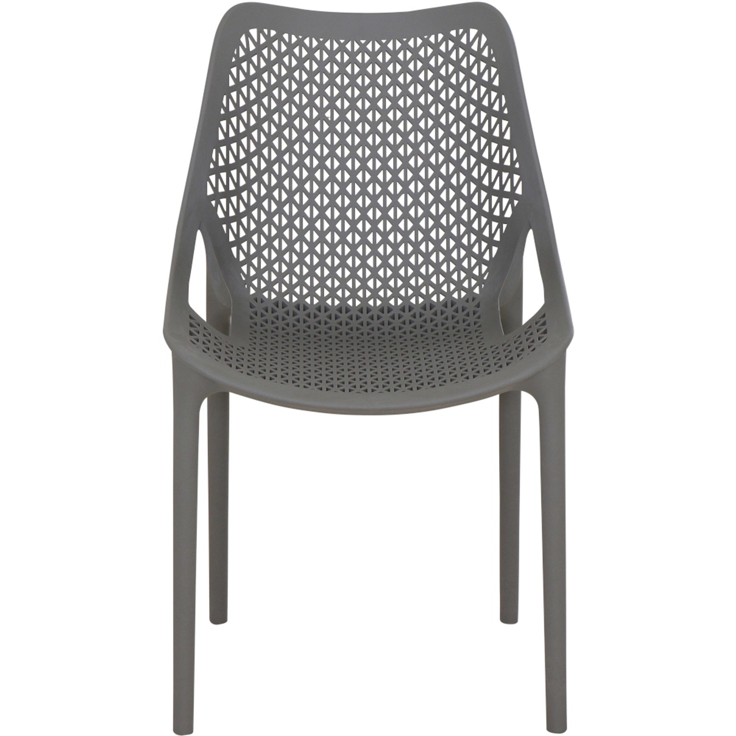 Grauer Siena Garden District Stapelsessel mit offenem, geometrischem Design.