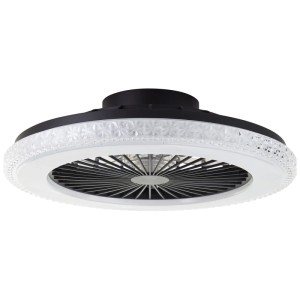 Schwarze LED-Deckenleuchte Badria mit Ventilator, Ø 49cm. Deckenlampe mit Kristalloptik.