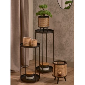 Schwarzer Teelichthalter Minimalist Zen aus Glas und Bambus, 7,5 cm hoch.