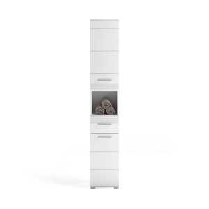 Weißer Bad-Hochschrank Linus, 30 cm breit, mit zwei Türen und offenem Fach mit Handtüchern.