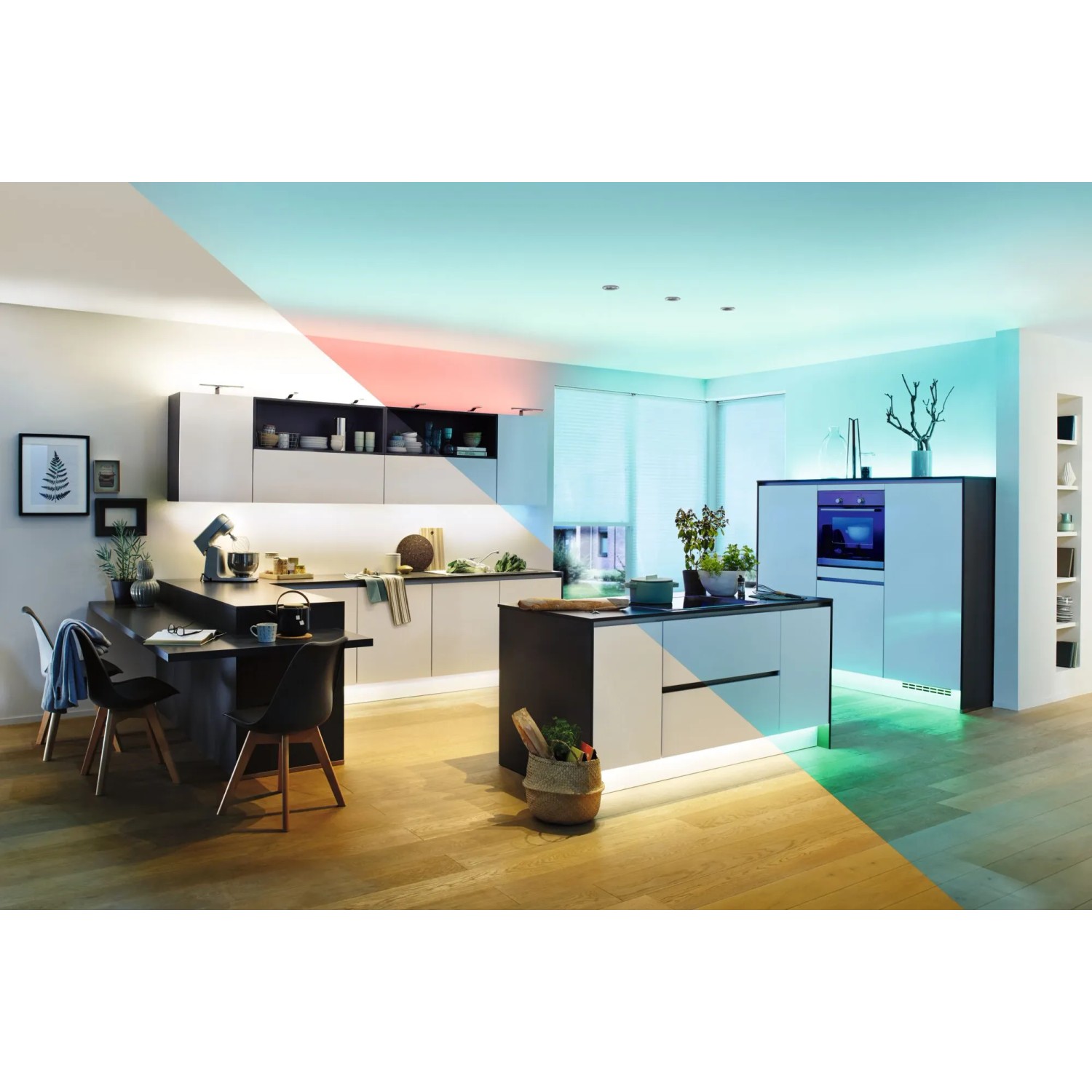 Moderne Küche mit Paulmann MaxLED RGBW LED-Streifen, gesteuert mit weißem 144W Controller für farbige Beleuchtung.