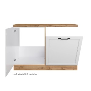 Held Küchen Spülenschrank Kempten, 120 cm, Weiß/Wotan Dekor mit geöffneten Türen.